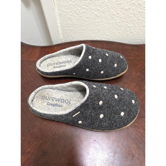 Pure wool Comfort Women's Gray Polka Dot Wool Slippers Rubber Soles Size 6 - Picture 3 of 10